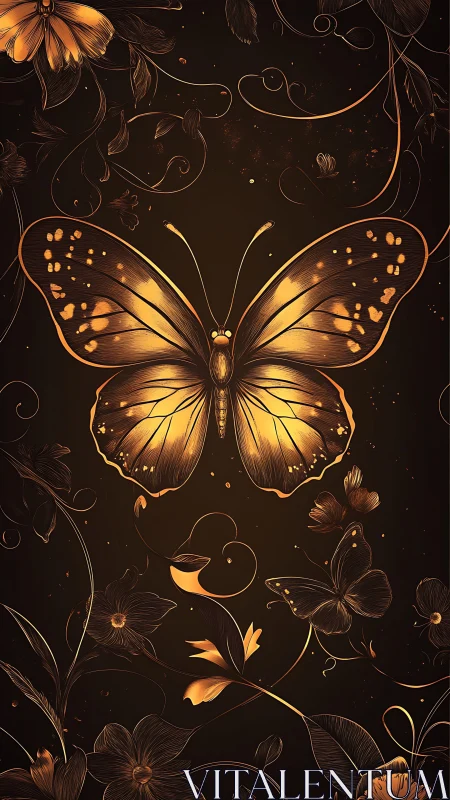 Luminous golden butterfly drifting through twilight florals.