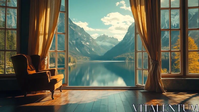 Digital painting of lakeside lounge with panoramic mountainscape.