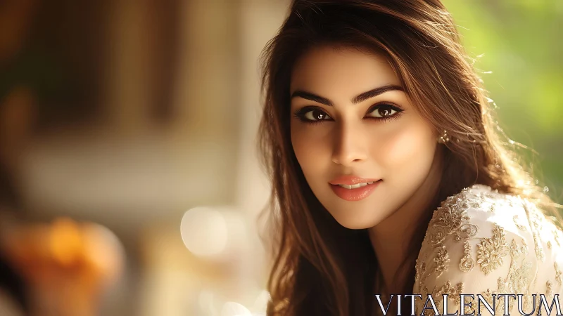 Soft-focus portrait of woman in embroidered ivory attire outdoors