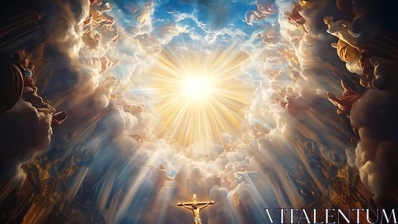 Radiant heavenly sky opening around a glowing sacred light.