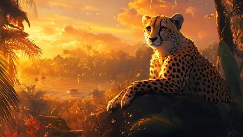 Golden Hour Cheetah: Serengeti Wilderness Portrait Against Blazing Sunset.