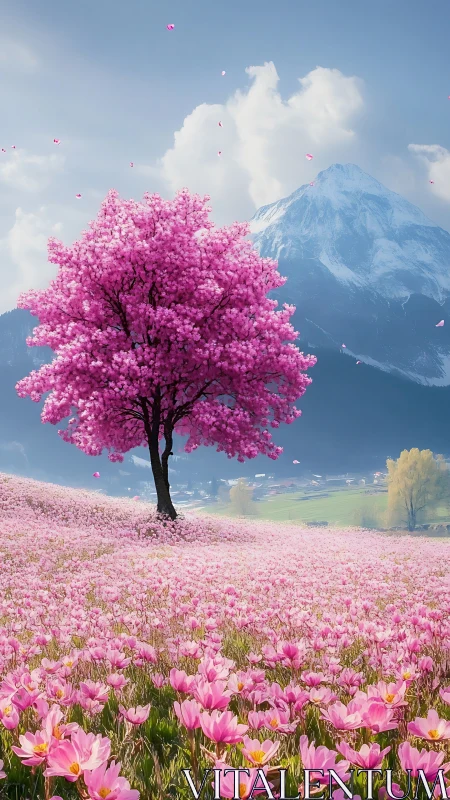 Blossom-bright tree shining over a pink spring meadow.