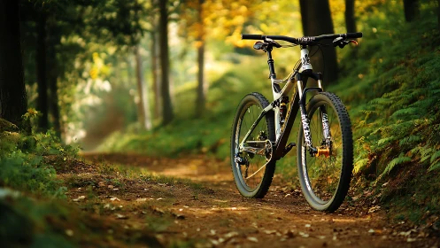 Mountain bike resting on forest trail at golden hour.