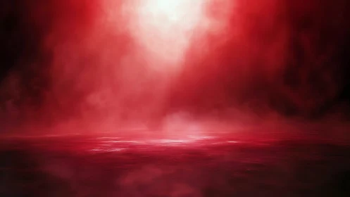 Crimson mist rises over a reflective, otherworldly horizon