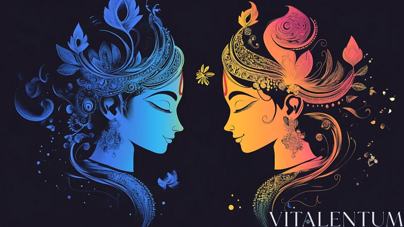 Dual Goddess Portrait in Vibrant Blue and Orange Abstract Style.