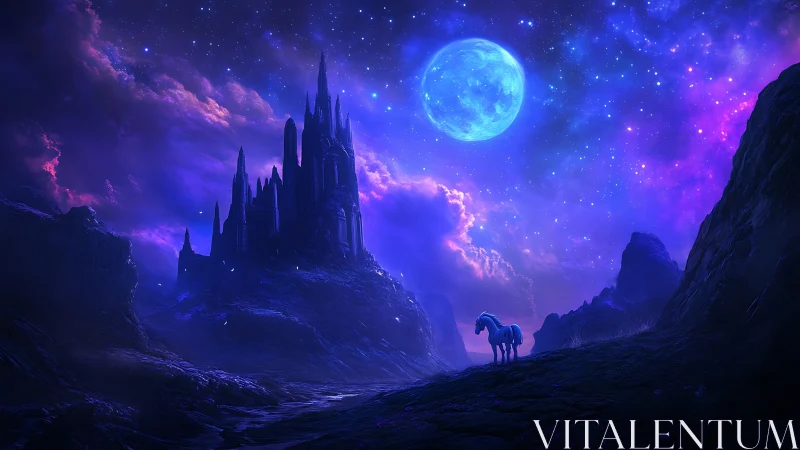 Starlit unicorn gazes toward a dreaming moonlit castle
