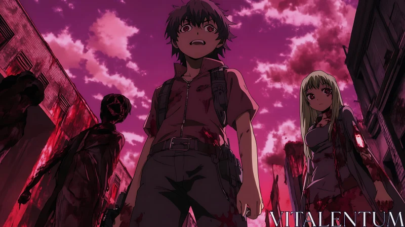 Bloodied anime survivors confront a ruined city at dusk