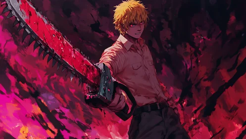 Fierce chainsaw warrior framed by blazing red fury.