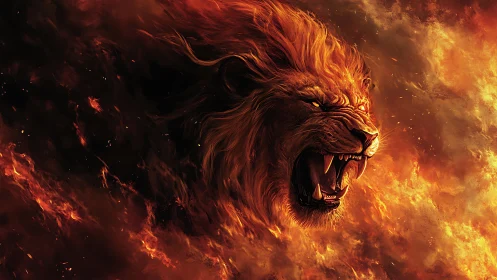 Fiery roaring lion head emerging through blazing inferno.