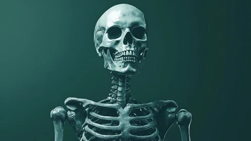 Human skeleton render on dark teal studio background.