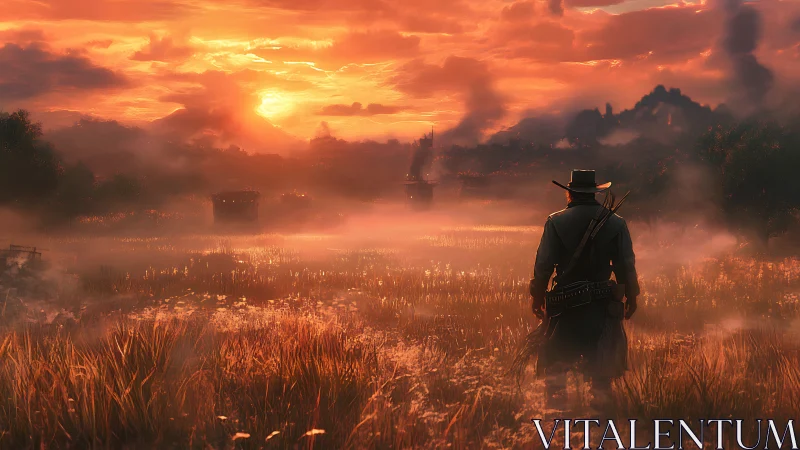Sunset gunslinger walks the ember-soaked frontier fog
