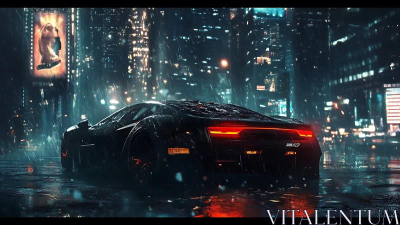 Cyberpunk supercar under neon rain in futuristic cityscape.