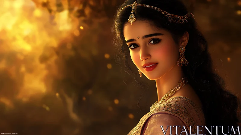 Portrait of woman in traditional jewelry and warm light.