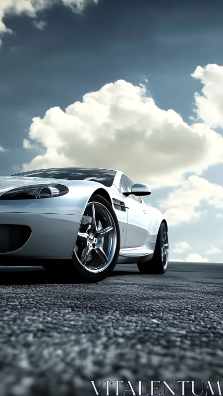 Low-angle performance coupe under cumuliform sky, hyperreal focus.