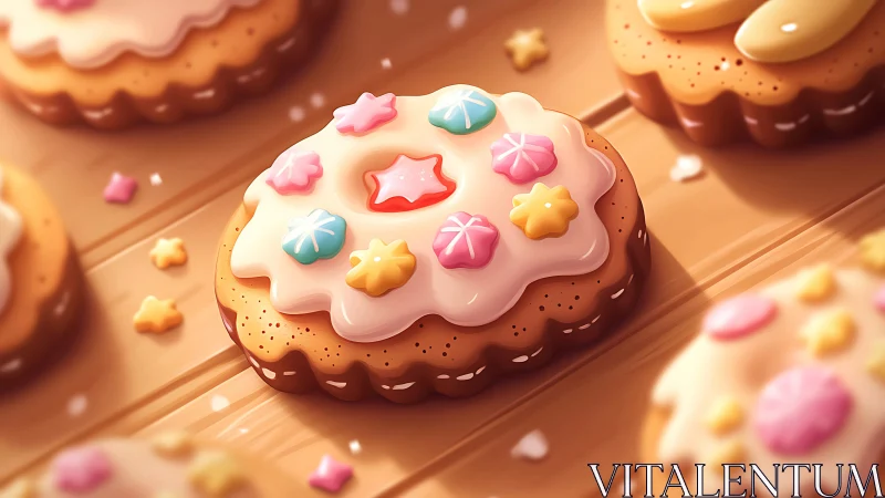 Decorated cookie with pink icing and colorful fondant embellishments