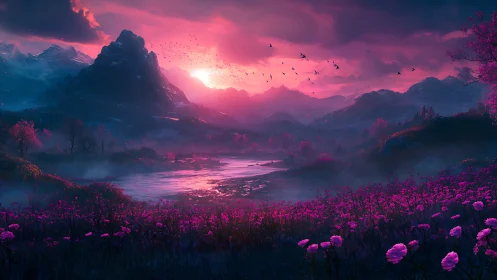 Iridescent twilight valley with neon magenta blossom fields.