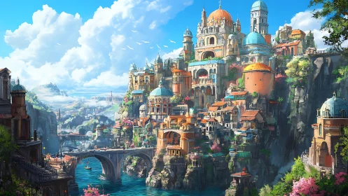 Sunlit cliffside fantasy city above a bright blue bay.