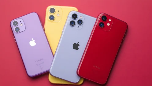 Playful lineup of colorful smartphones on bold pink backdrop.