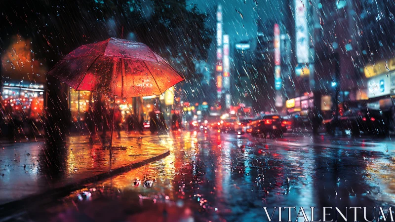 Red umbrella drifting through neon rainstorm city glow.