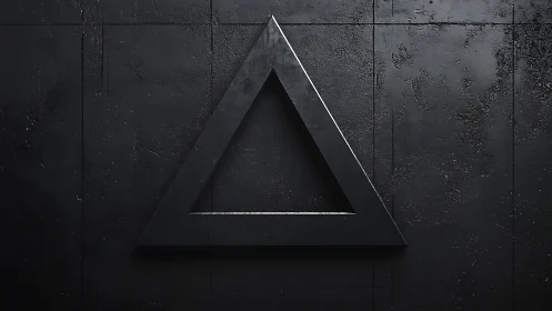 Black hollow triangle on textured dark wall surface.