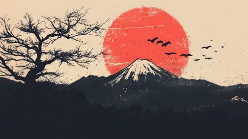 Stylized mountain silhouette framed by red sun and bare tree