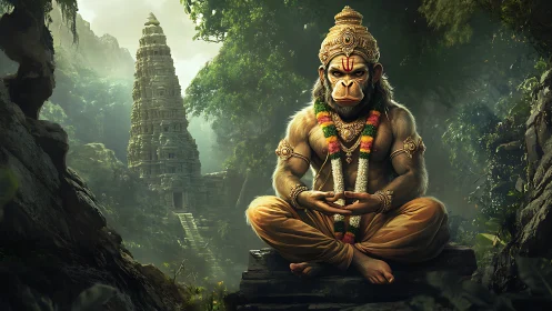 Meditative monkey deity in jungle before ancient stone tower.