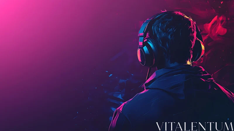 Immersed listener enjoys vibrant neon soundscape at night