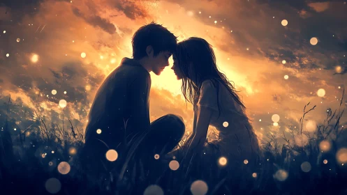 Two figures share an intimate moment beneath golden luminescence in field.