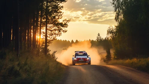 Rally car accelerates through sunset forest stage on gravel