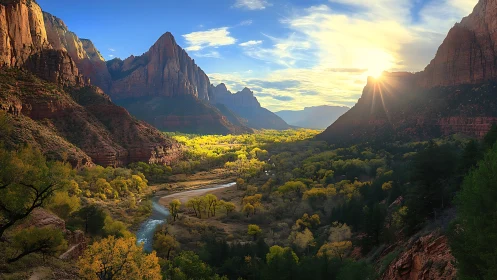 Sunlit canyon valley with winding river at golden hour