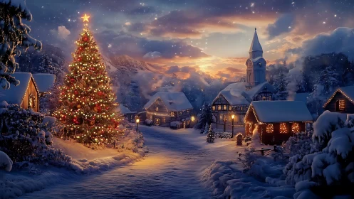 Snowy village Christmas tree glows under twilight sky