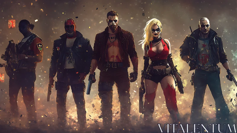 Cinematic digital painting lineup of armed antihero squadron.