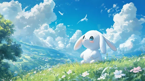 Atmospheric depth study with plush rabbit under cumulus sky.