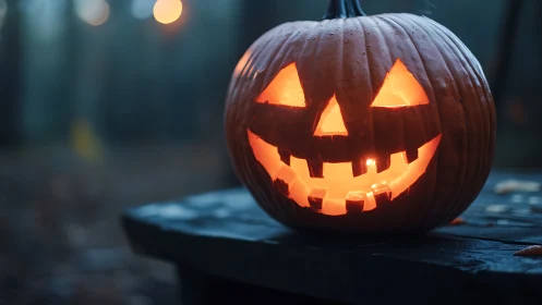 Carved jack o lantern on outdoor table at dusk.