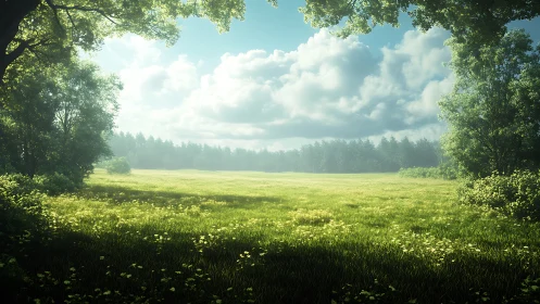 Sunlit meadow portal where whispering trees guard the hush.