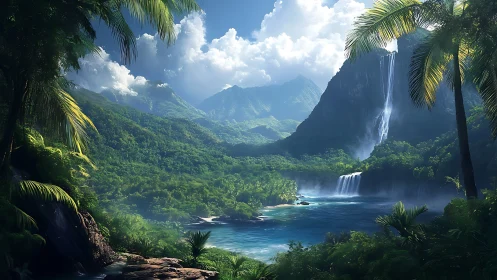 Tropical mountain lagoon with cascading jungle waterfalls.