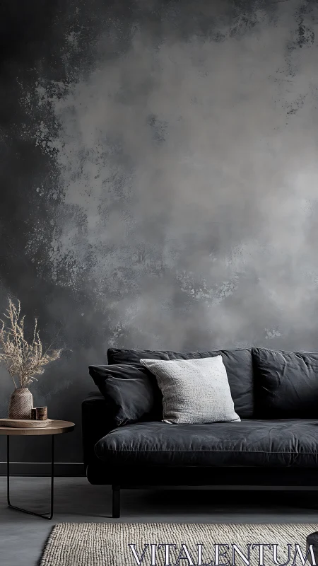 Modern dark gray sofa against textured concrete wall.