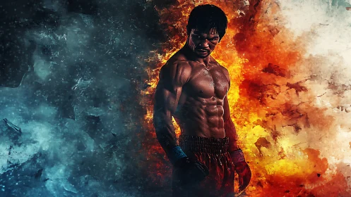 Muscular boxer framed by dual-toned fire and ice textures