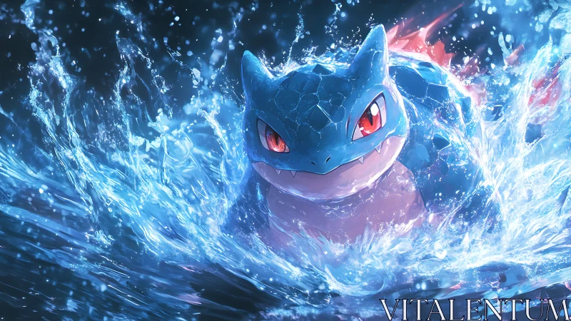 Water dragon surges through neon surf in blazing focus.