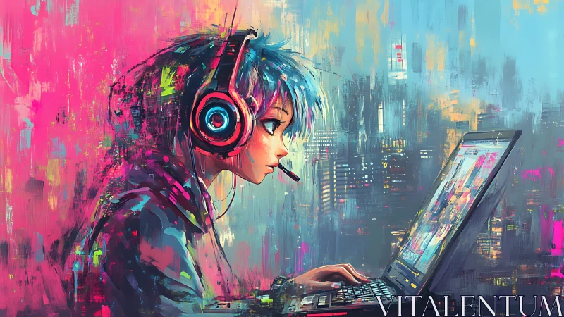 Neon gamer tunnels through color storms on a glowing screen