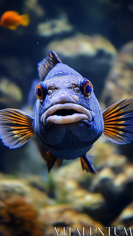 Blue reef fish faces camera with vivid orange fins.