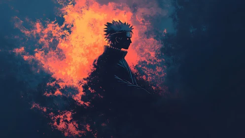 Silhouetted ninja profile against high-contrast fiery bokeh field