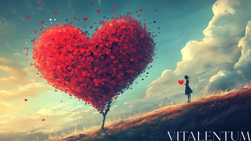 Heart-shaped tree with particle dispersion in landscape setting