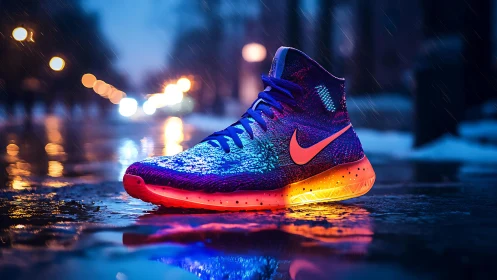 Photoreal sneaker close-up in neon urban rainscape at night.