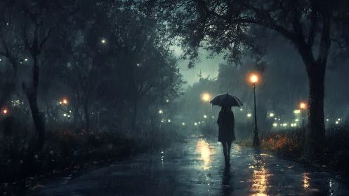 Solitary figure walks rain-soaked park under lantern glow.
