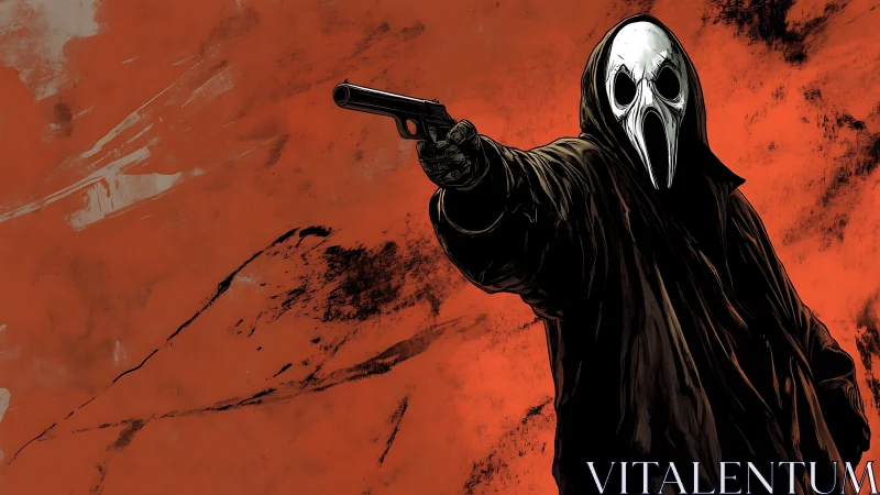 Masked gunman in plague-doctor hood aims pistol on distressed red field