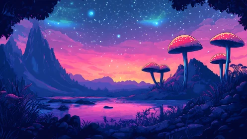 Bioluminescent megafungi beside chromatic alien river at dusk.