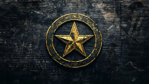 Worn golden star emblem on dark distressed background.