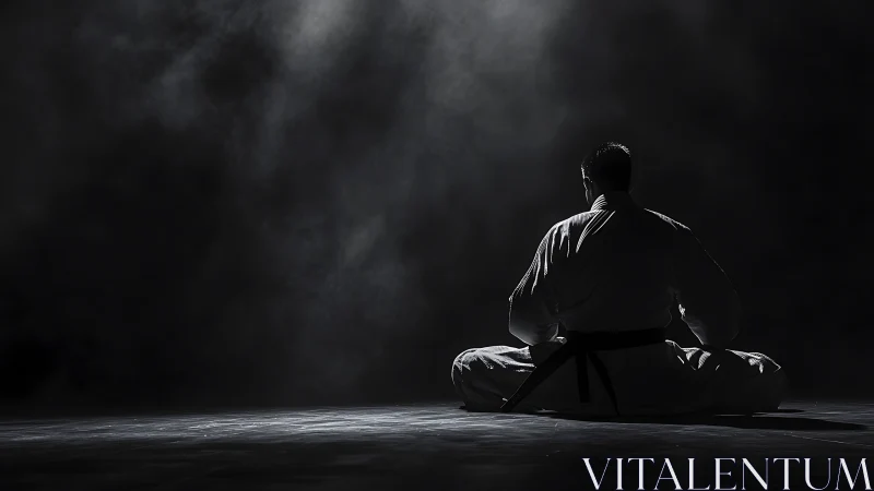 Martial artist meditates in moody light on empty dojo floor