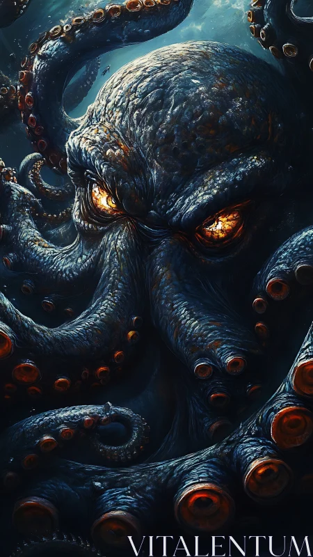 Giant undersea cephalopod with glowing eyes and tentacles.